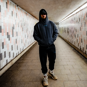 Chessboxing' Oversized Hoodie - Charcoal with Lazer Blue Print