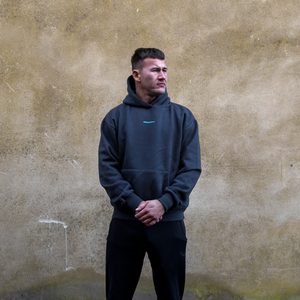 Chessboxing' Oversized Hoodie - Charcoal with Lazer Blue Print