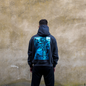 Chessboxing' Oversized Hoodie - Charcoal with Lazer Blue Print