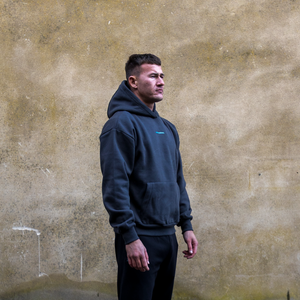 Chessboxing' Oversized Hoodie - Charcoal with Lazer Blue Print