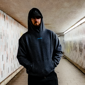 Chessboxing' Oversized Hoodie - Charcoal with Lazer Blue Print