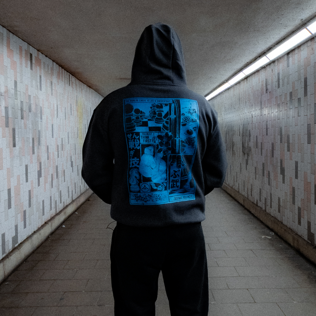Chessboxing&#39; Oversized Hoodie - Charcoal with Lazer Blue Print