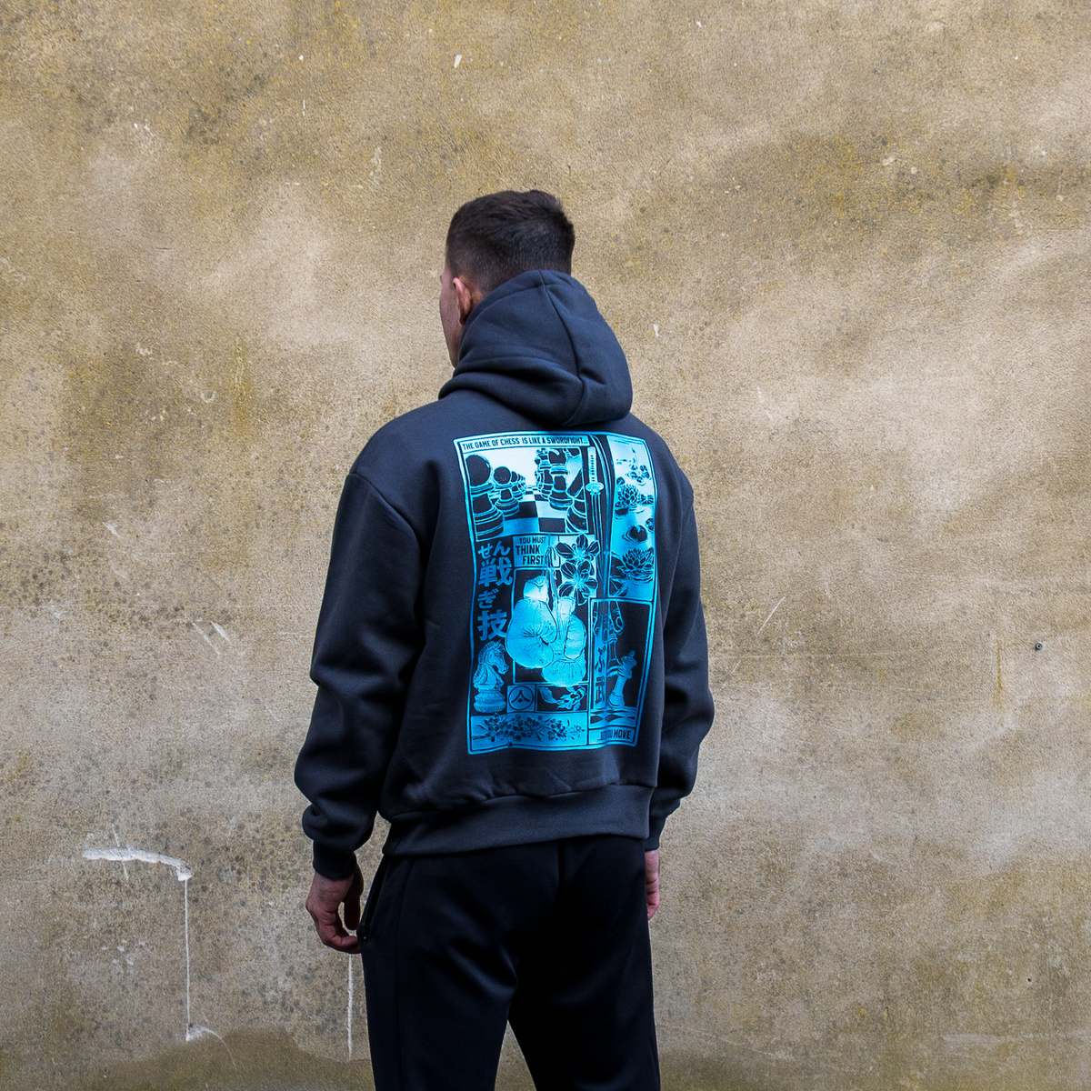 Chessboxing&#39; Oversized Hoodie - Charcoal with Lazer Blue Print