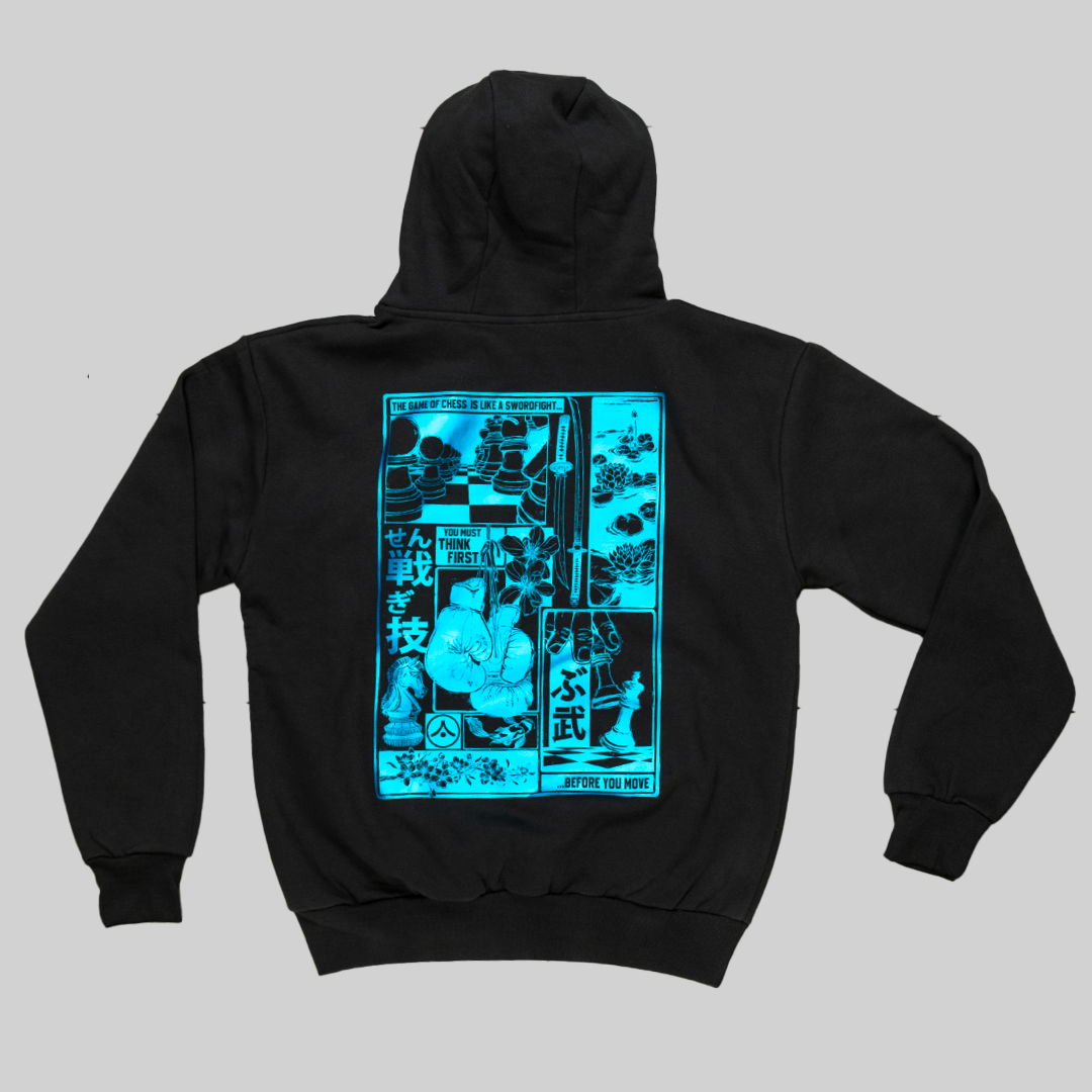 Chessboxing&#39; Oversized Hoodie - Charcoal with Lazer Blue Print