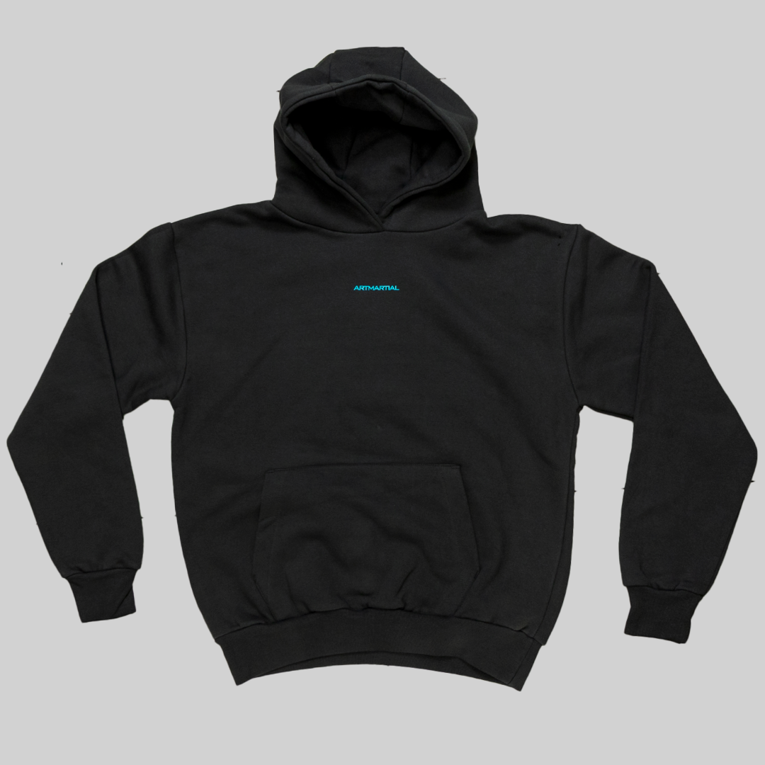 Chessboxing' Oversized Hoodie - Charcoal with Lazer Blue Print