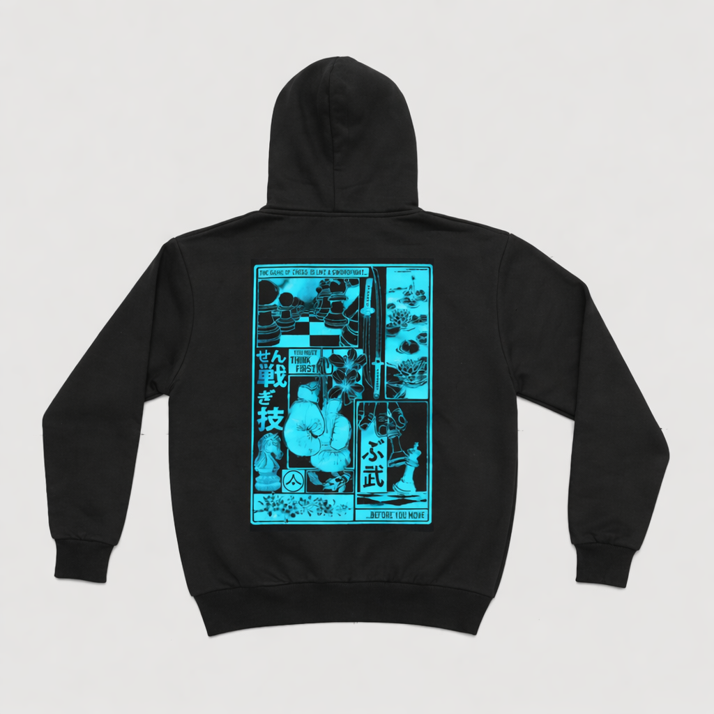 Chessboxing' Oversized Hoodie - Charcoal with Lazer Blue Print