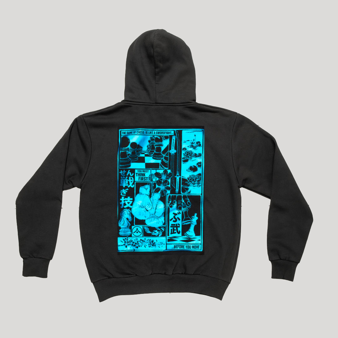 Chessboxing&#39; Oversized Hoodie - Charcoal with Lazer Blue Print